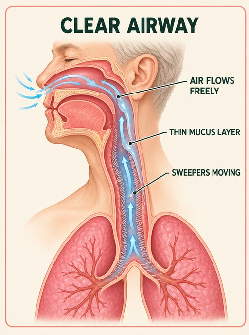 Clear airway: a thin mucus layer, sweepers moving, air flows freely