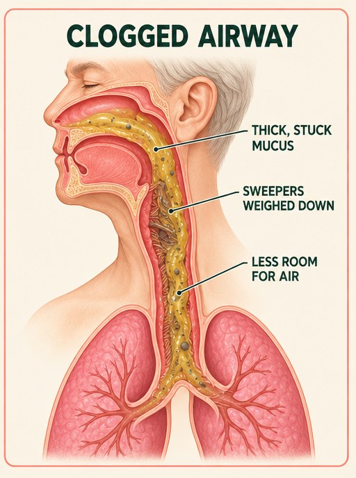 Clogged airway: thick, stuck mucus, sweepers weighed down, less room for air