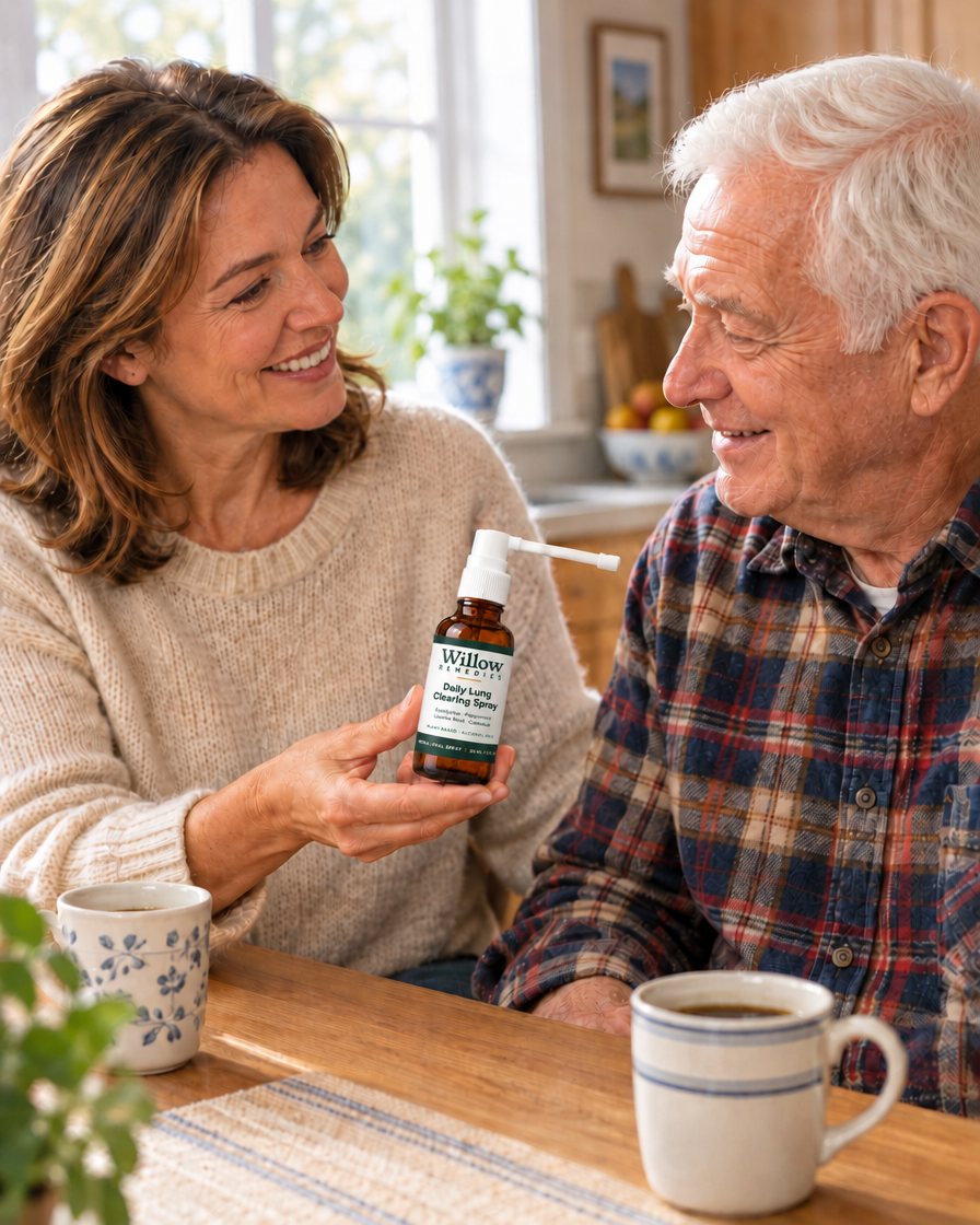 Woman giving her father a bottle of Willow Remedies at the kitchen table