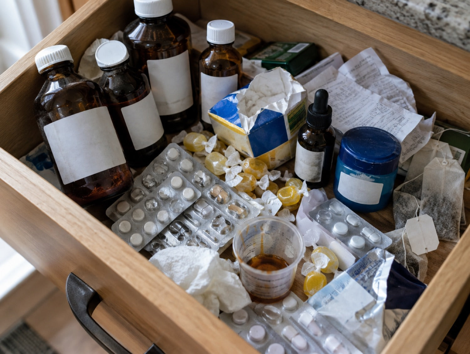 A kitchen drawer full of half-used cough syrups, tablets, lozenges and teas