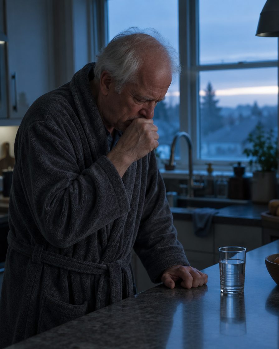 Man coughing at the kitchen counter at dawn