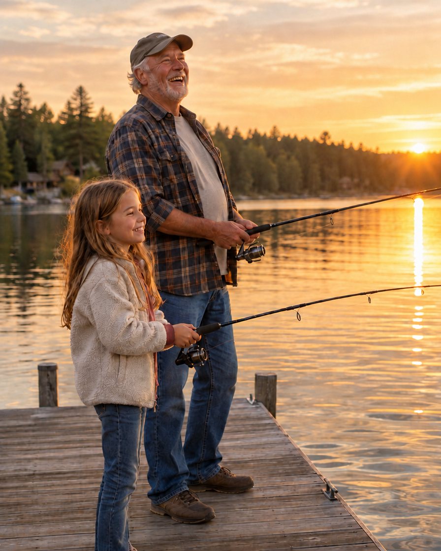 Grandfather fishing with his granddaughter