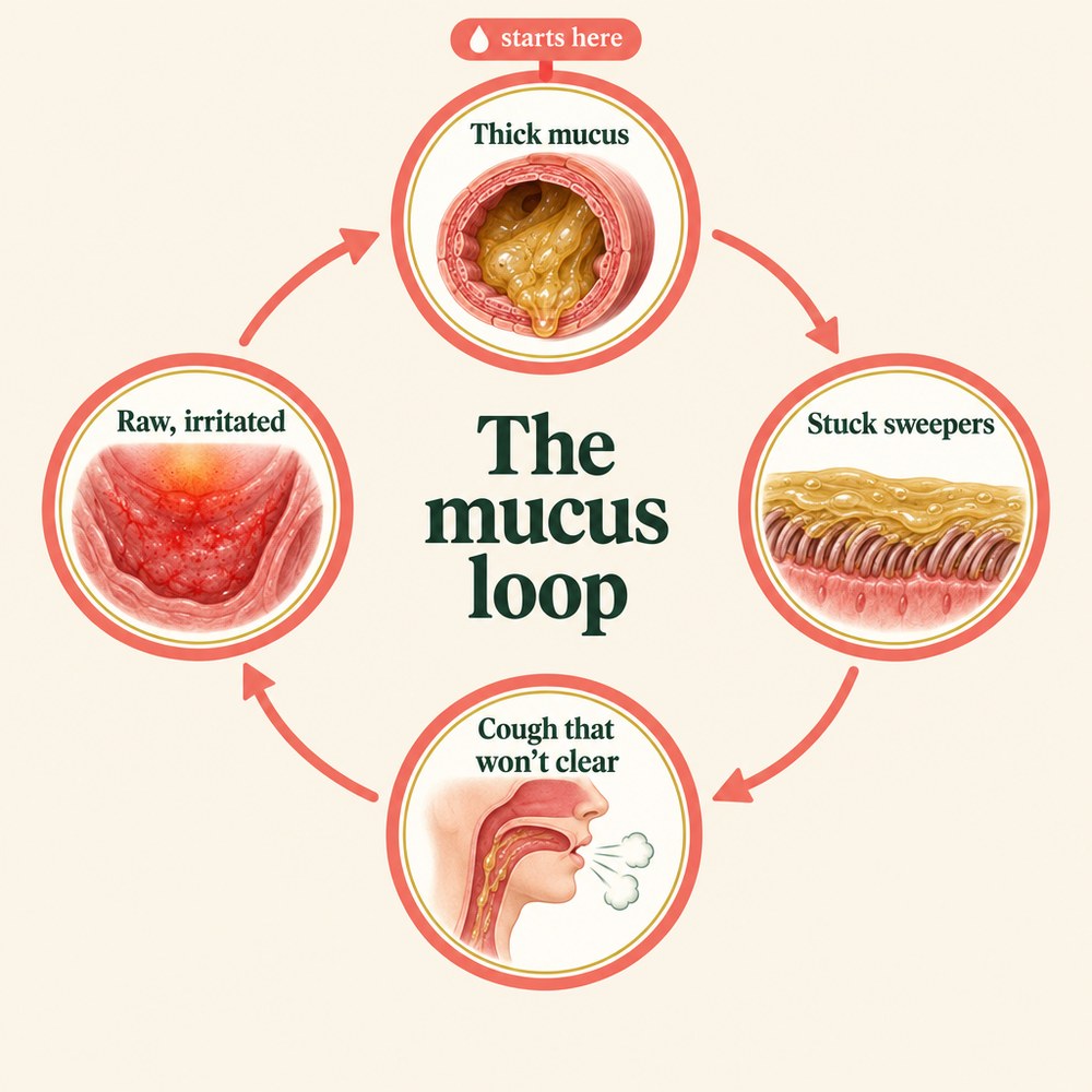 The mucus loop: thick mucus, stuck sweepers, a cough that won't clear, raw irritated airways, then more mucus