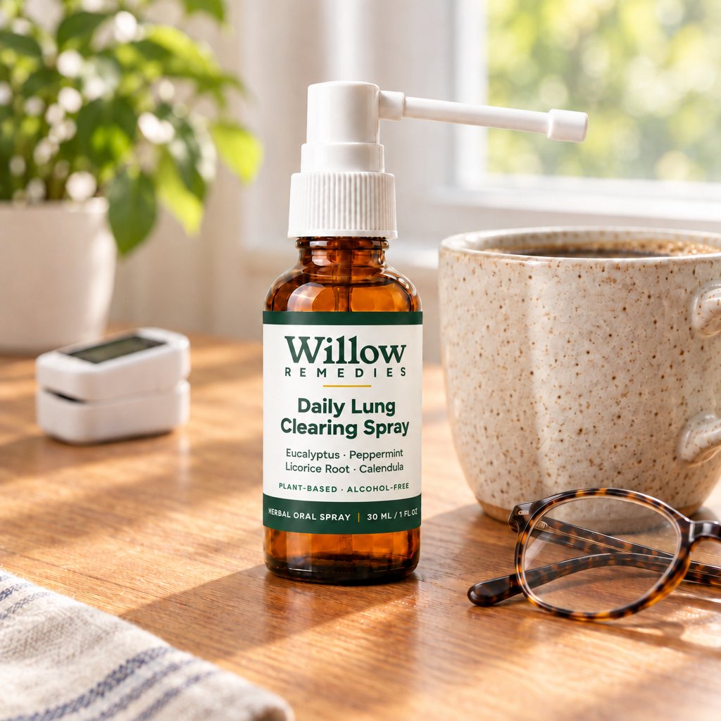 Willow Remedies bottle on a kitchen table with coffee and reading glasses