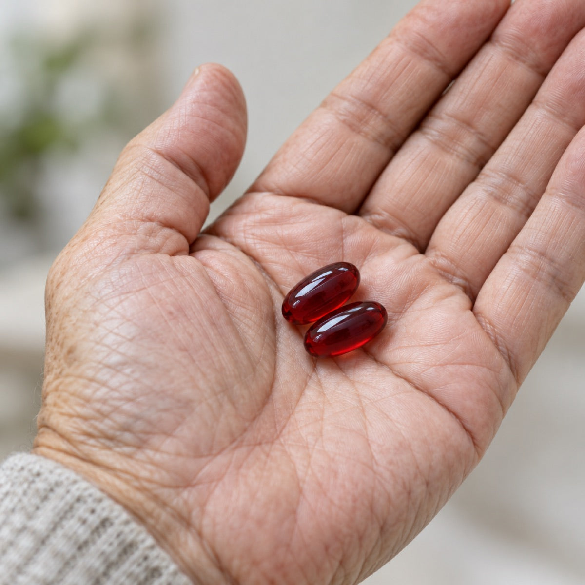 Two deep-red astaxanthin softgels in an open palm
