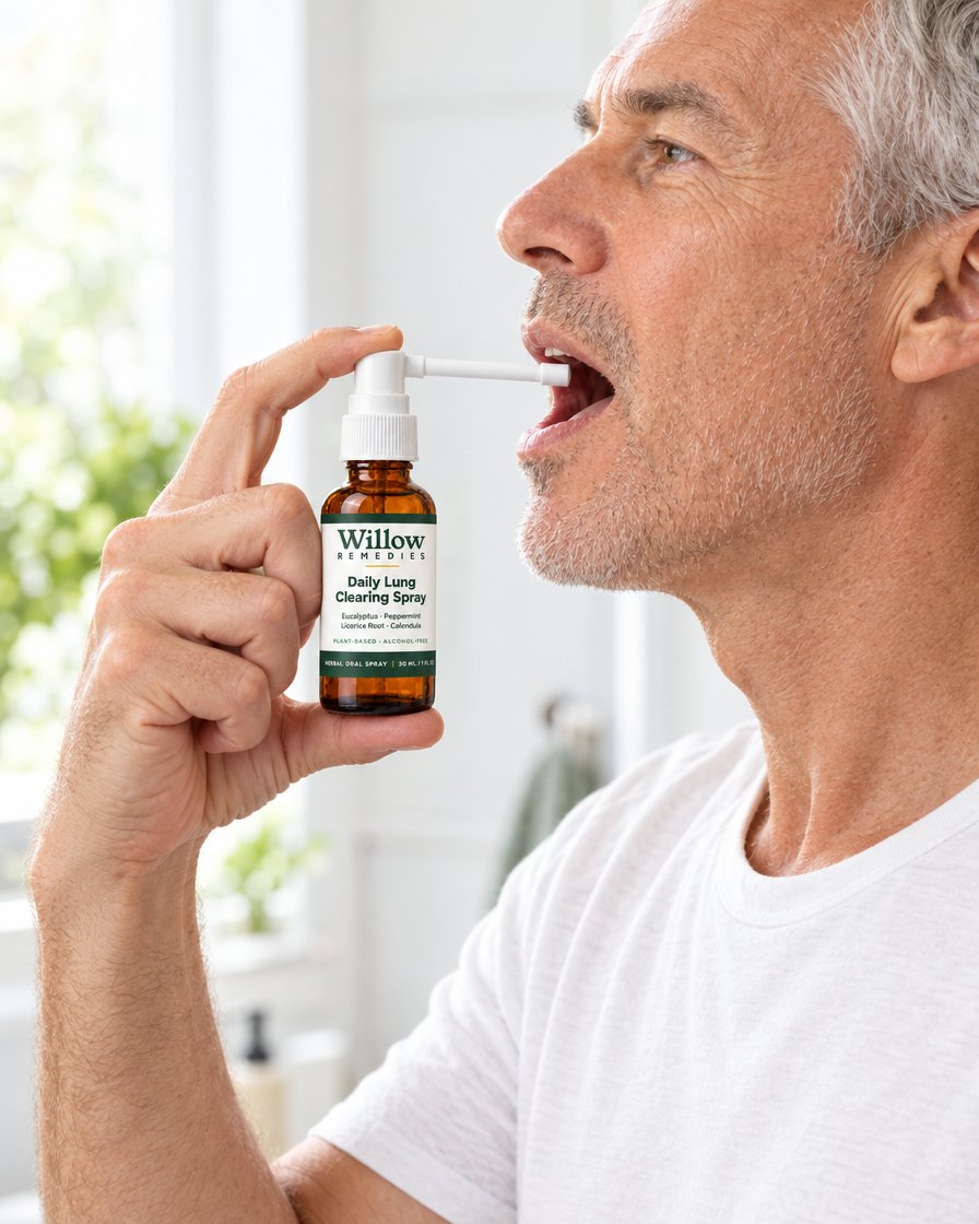 Man using Willow Remedies at the back of his throat