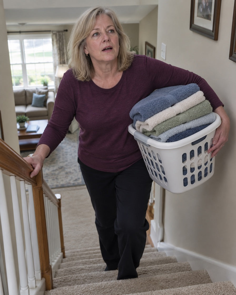 Woman out of breath on the stairs