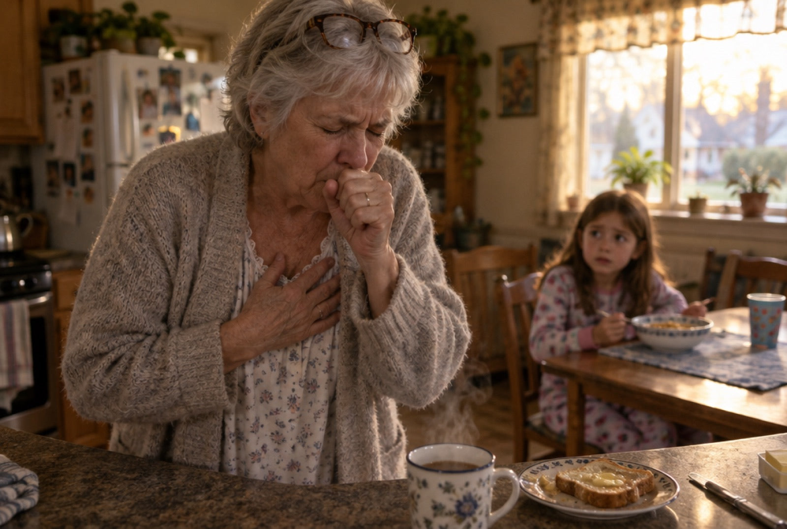 Carol coughing at the kitchen counter while her granddaughter watches from the table