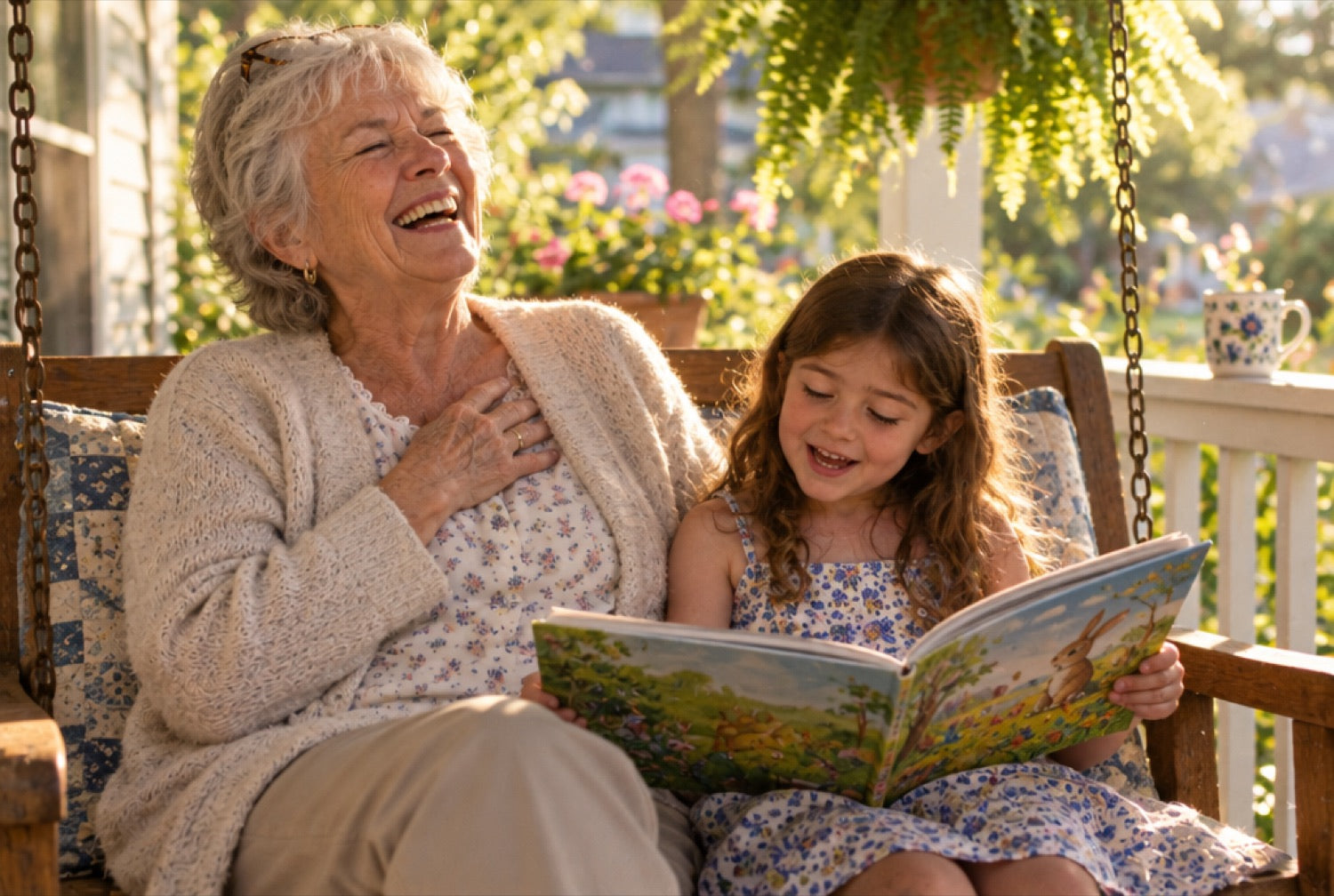 Carol laughing on the porch swing while her granddaughter reads to her