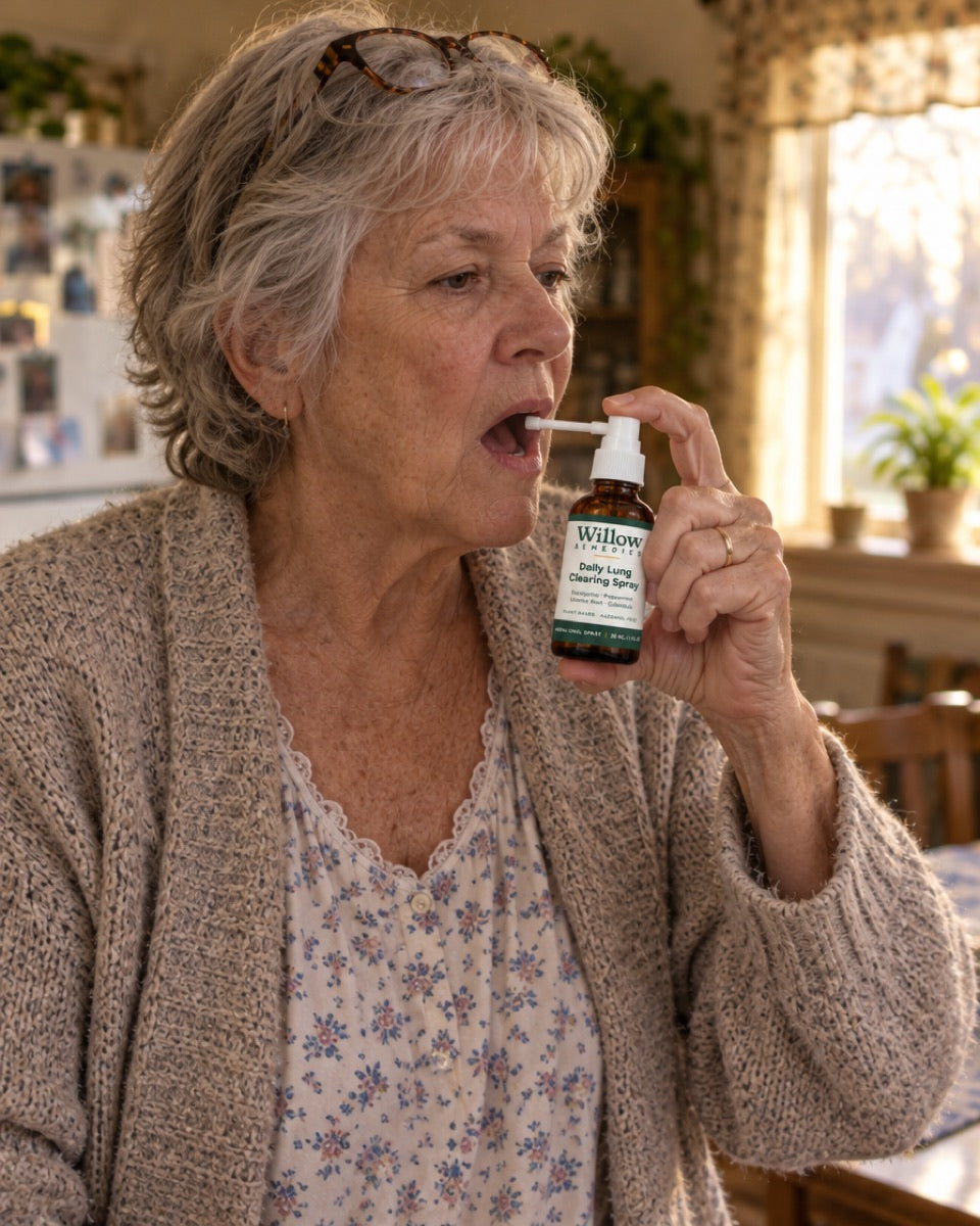 Carol using the Willow Remedies spray by her kitchen window