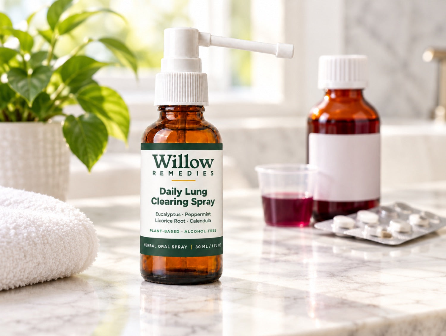 Willow Remedies spray on a bathroom counter with old cough syrup and tablets pushed aside