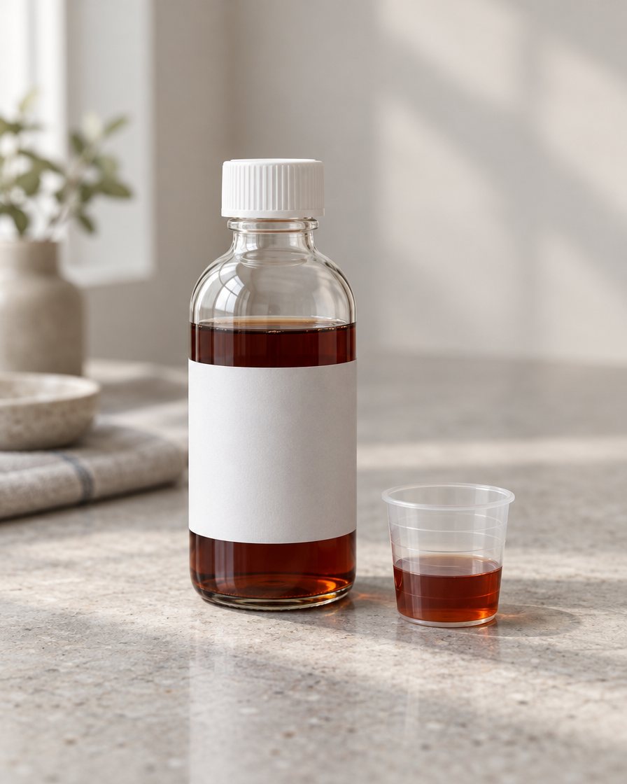Cough syrup with a dosing cup