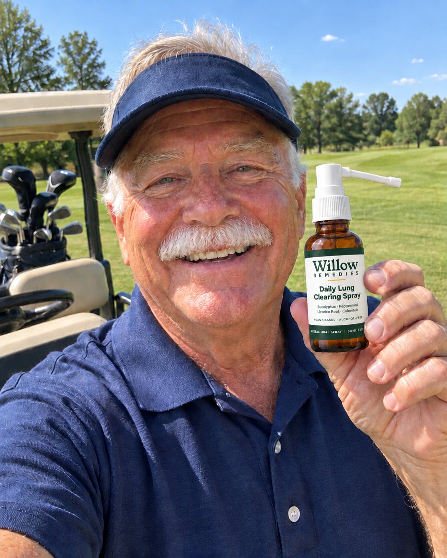 Harold holding Willow Remedies on the golf course