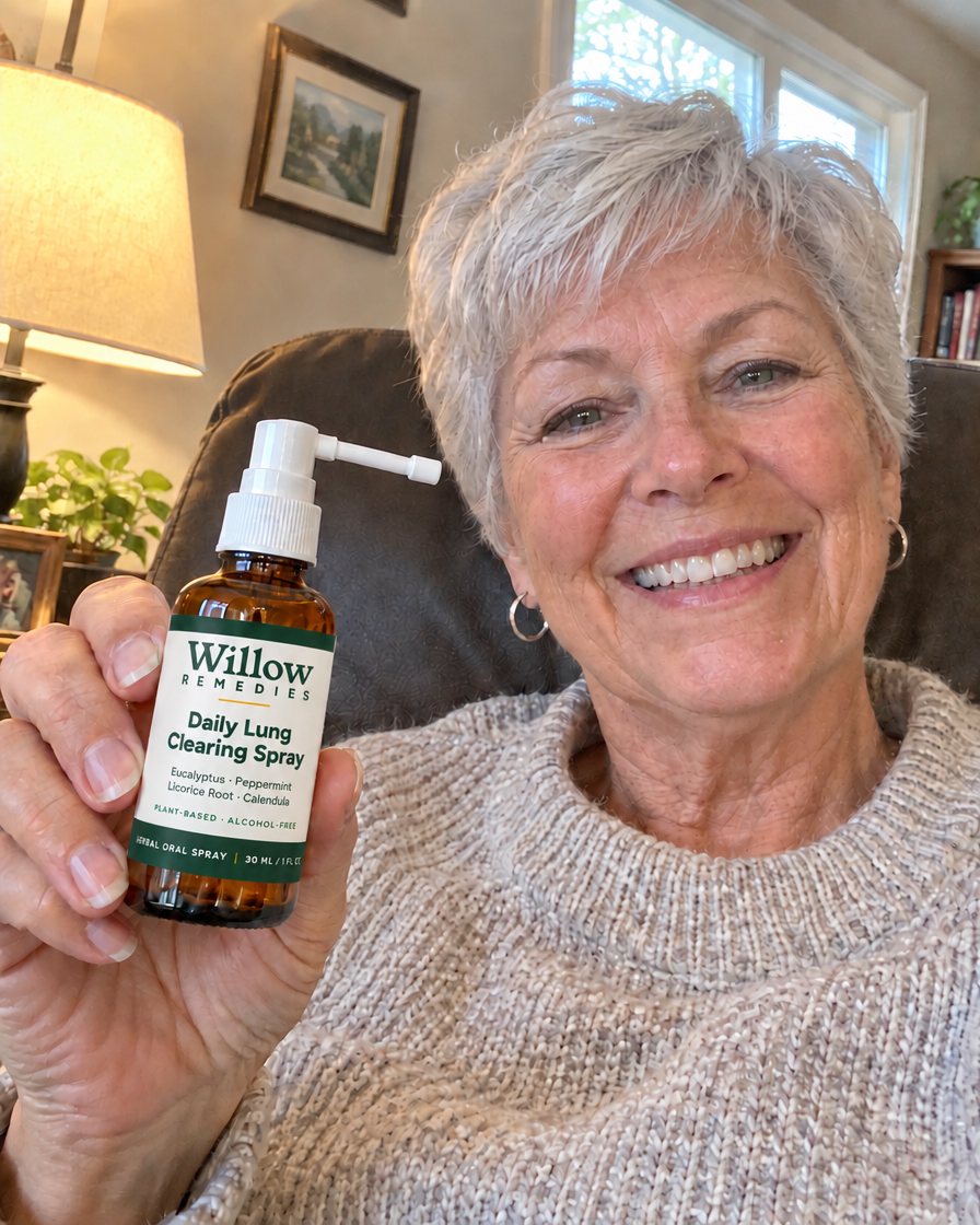 Joan holding Willow Remedies in her recliner